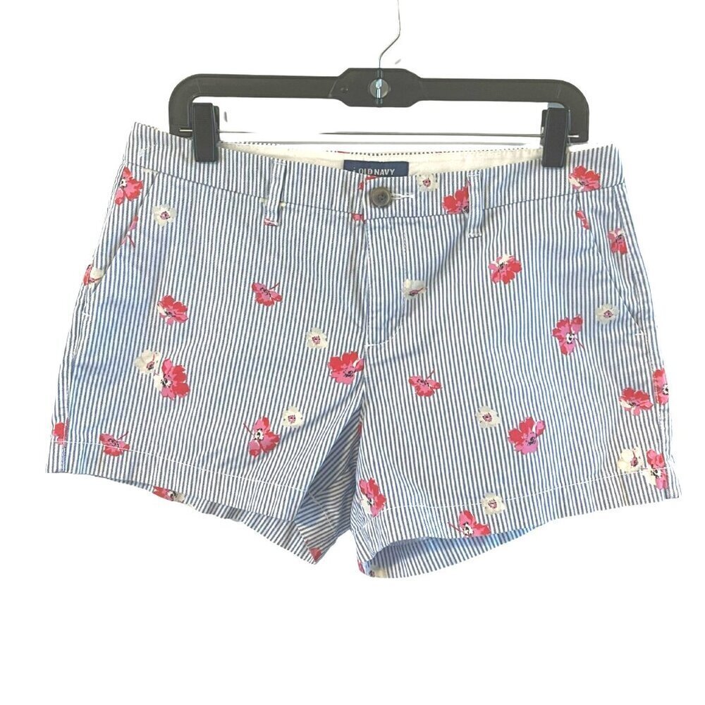 Old Navy Womens 8 Blue White Striped Floral Every Day Shorts 3.5" Length cottage